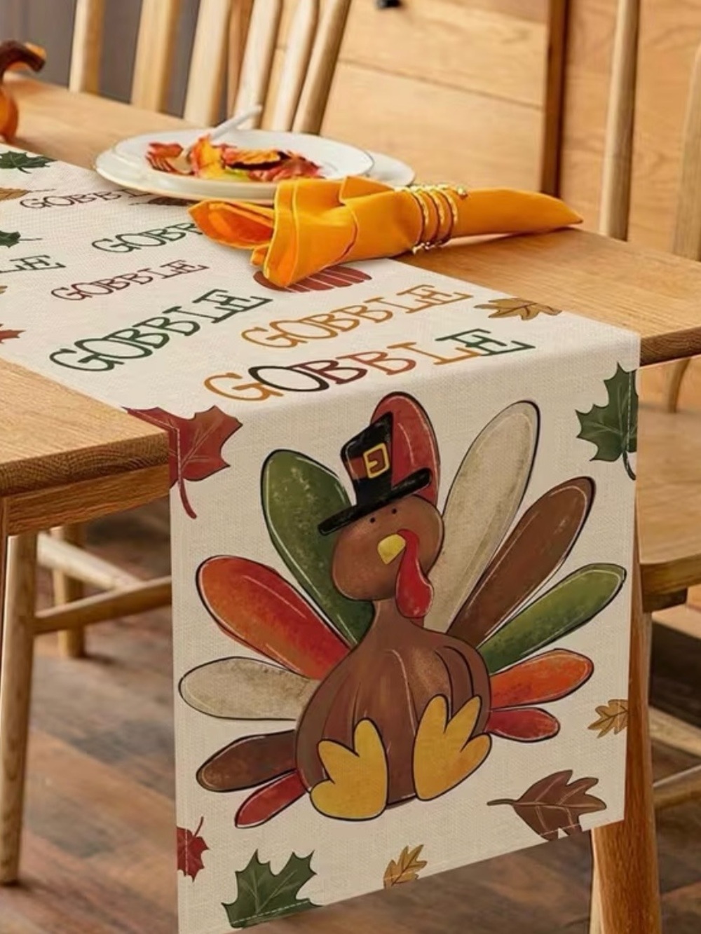 NWT 100% Linen Thanksgiving Table Runner - Orange, Brown, Green, Yellow, 13X72